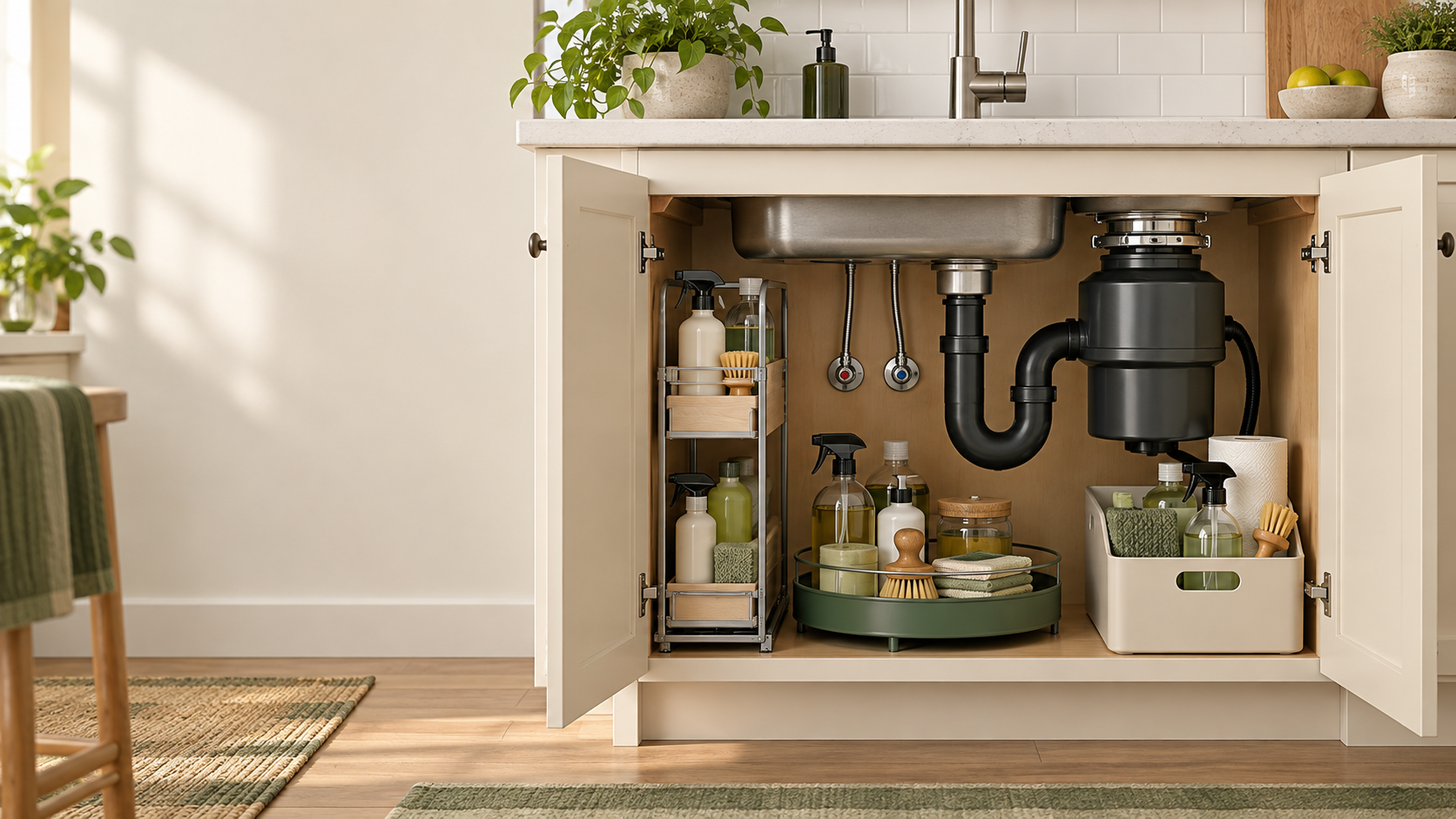 Illustrated small kitchen sink cabinet with plumbing and several organizer layouts